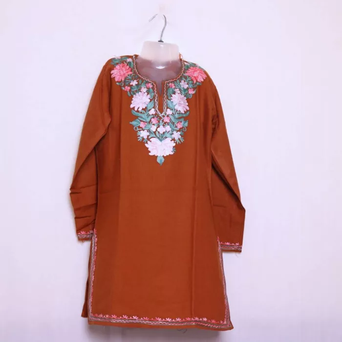 Caramel Kashmiri Short Kurta Watan for Winter Wear (36/31.5)-Kashmiri Embroidered Kurta