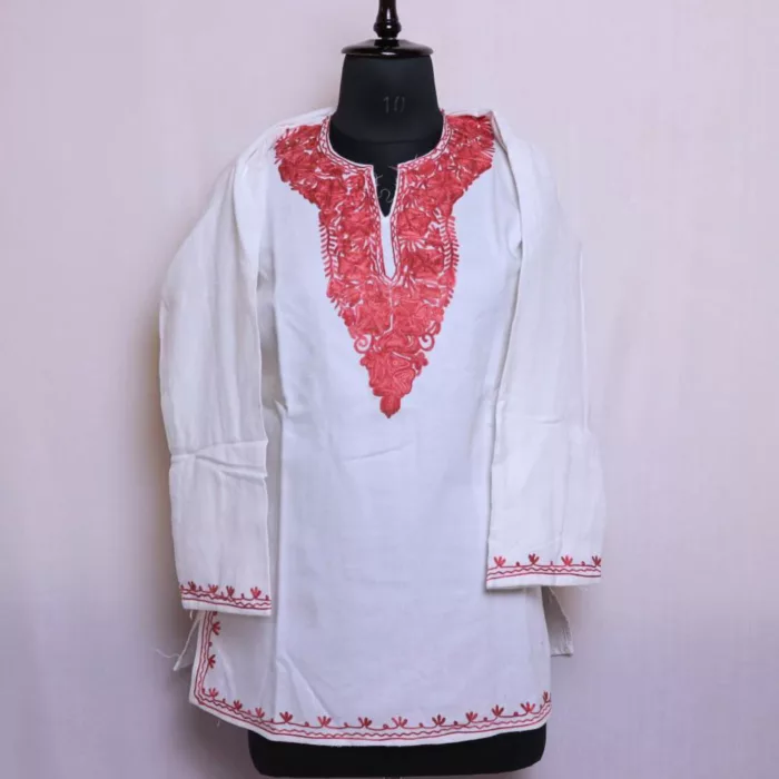 White Aari Embroidered Kashmiri Short Kurta (44/31)-Kashmiri Shaan