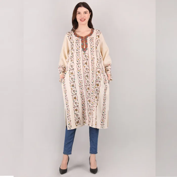 Cream Lakeer Sozni Pheran - Pure Wool With Kashmiri Needle Work | Luxe