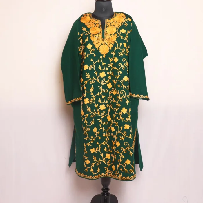 Hira All-Over Aari Embroidered Winter Akh Rang Jaal Front Panel Designed Pheran