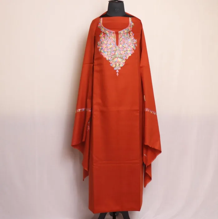 Orange Polywool Unstitched Suit with Hand Aari Embroidery