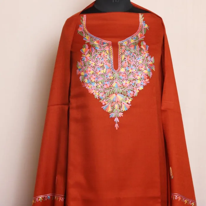 Orange Polywool Unstitched Suit with Hand Aari Embroidery - Image 2