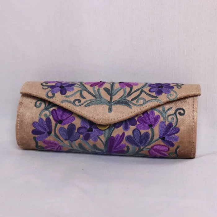 Beige Velvet Round Clutch Bag - Aari Embroidered