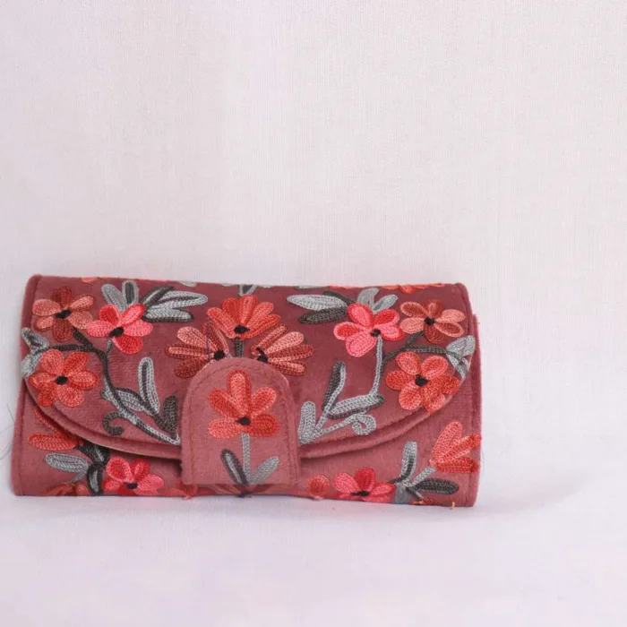 Nargis Velvet Magenta Wallet - Floral Aari Embroidered