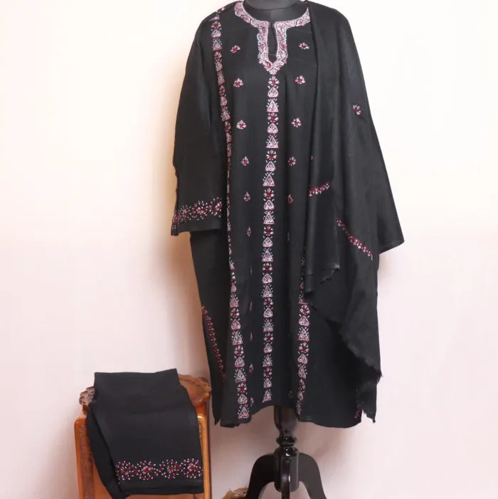 Raffal wool pheran set with dupatta hand embroidery 8