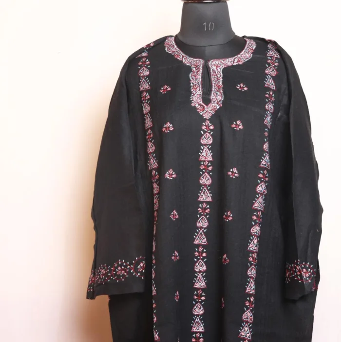 Raffal wool pheran set with dupatta hand embroidery 9