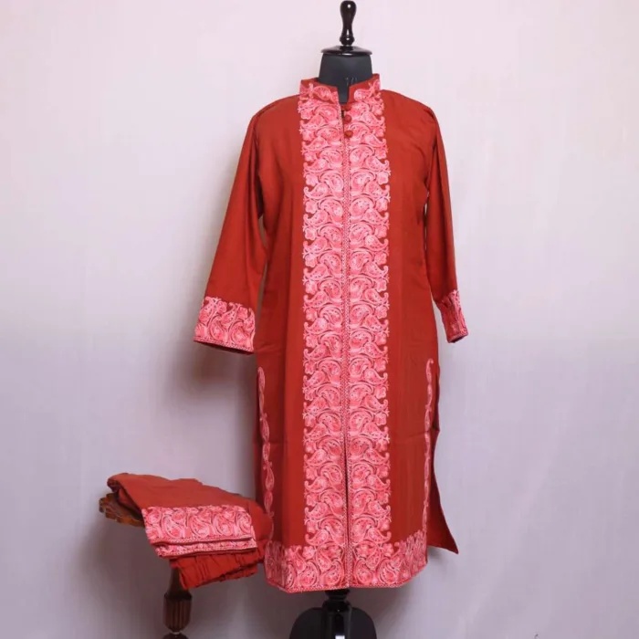 Hiba Orange Cashmilon Long Coord Set with Beautiful Aari Embroidery