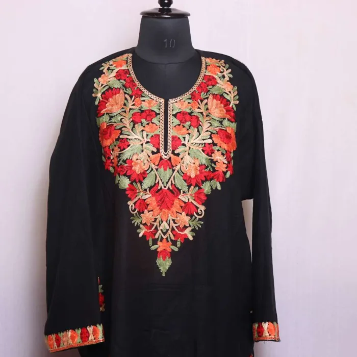 Black Roohi Cashmilon Pheran Coord Set with Classic Aari Patterns - Image 2