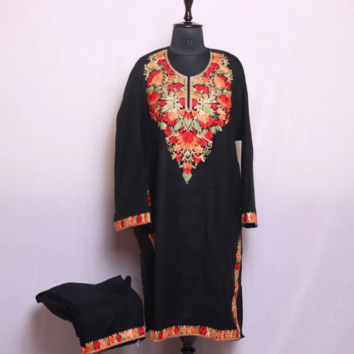 Black Roohi Cashmilon Pheran Coord Set with Classic Aari Patterns