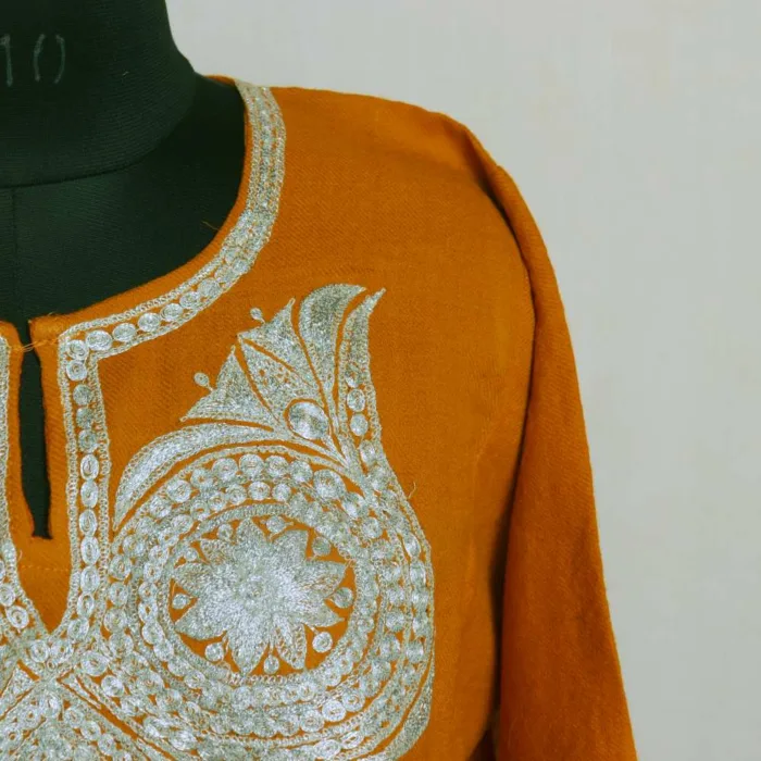 Zoya Mustard Kashmiri Raffal Pheran with Tilla Embroidery - Murtaza Collection - Image 3