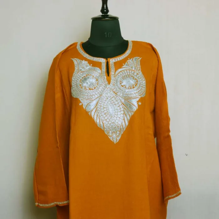 Zoya Mustard Kashmiri Raffal Pheran with Tilla Embroidery - Murtaza Collection - Image 2