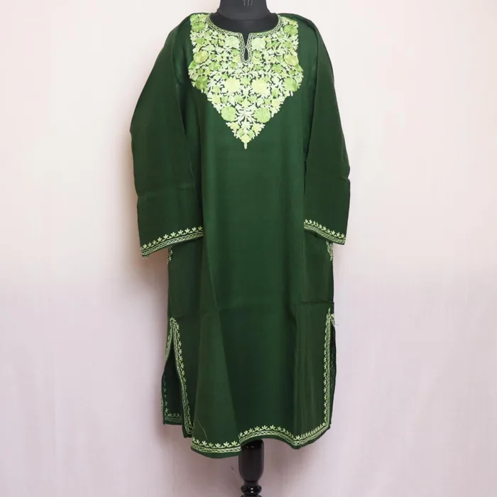 Sameena Dark Green Kashmiri Raffal Pheran with Elegent Aari Work