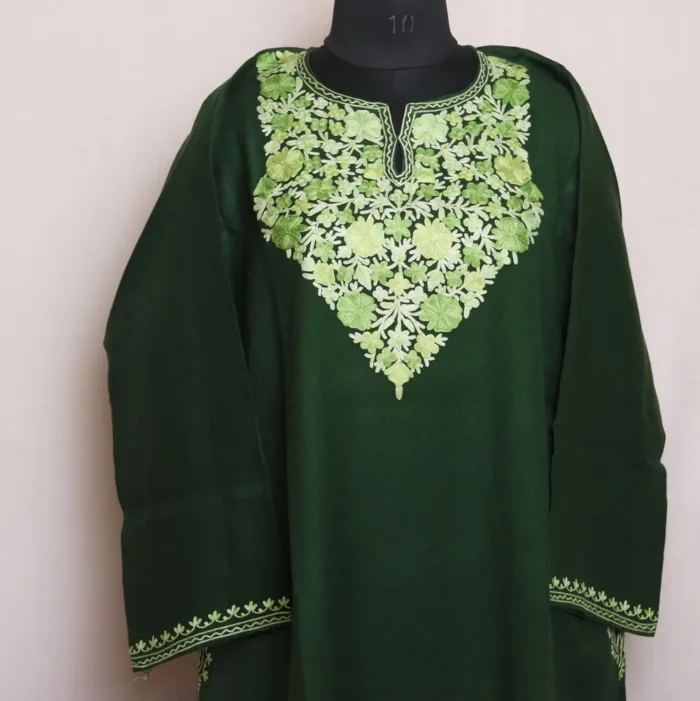 Sameena Dark Green Kashmiri Raffal Pheran with Elegent Aari Work - Image 2