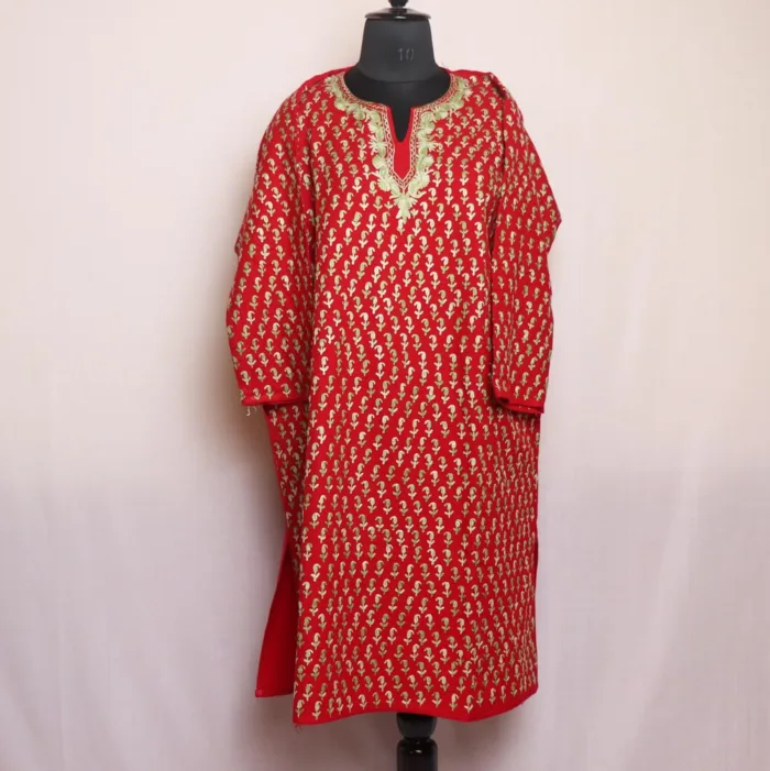 Sadaf Red Cashmilon Pheran with All - Over Aari Embroidery