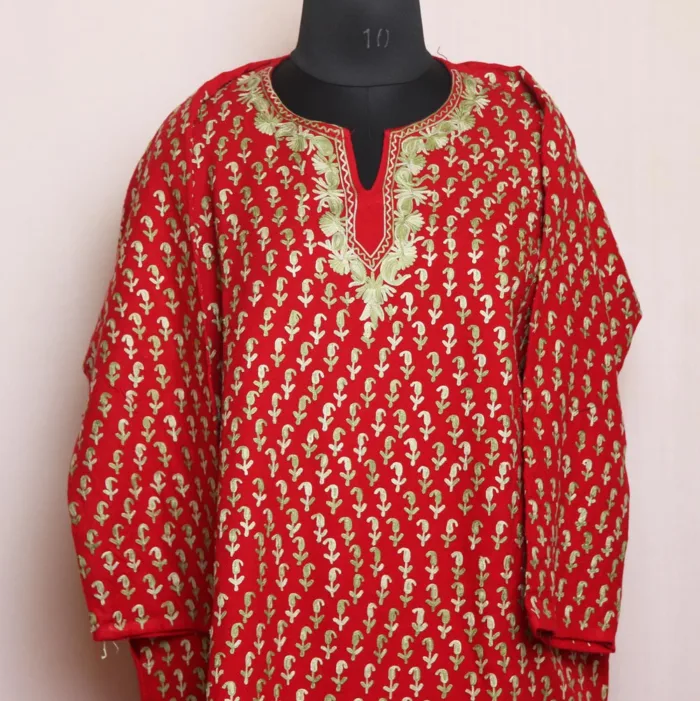 Sadaf Red Cashmilon Pheran with All - Over Aari Embroidery - Image 2