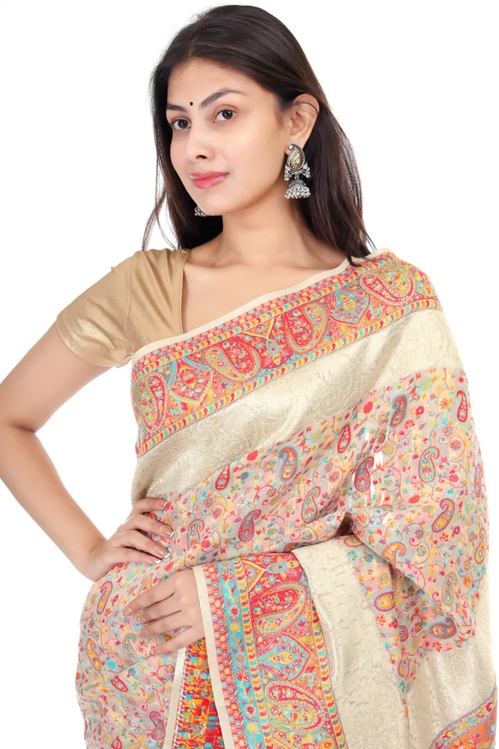 Sapphire Badami Design Cream Kashmiri Kani All over Saree - Image 2