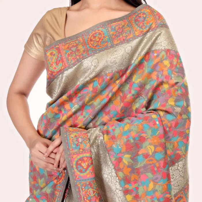 Pearl Beige Floral Kashmiri Silk All Saree