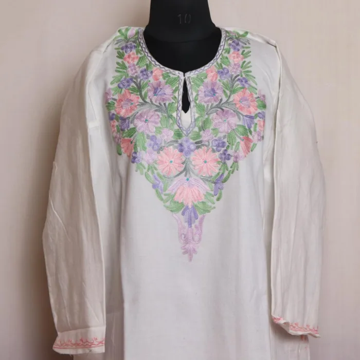 White Cashmilon Pheran With Fine Aari Embroidery - Wahraat Collection