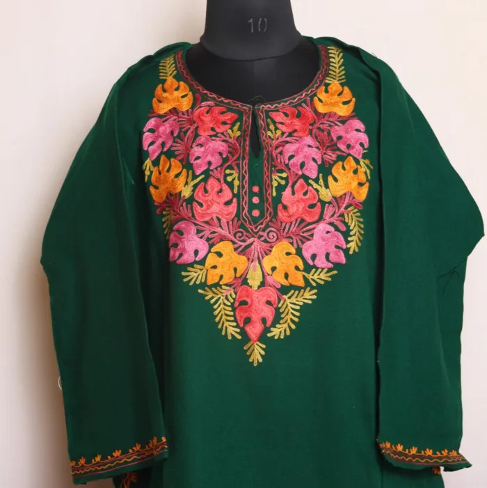 Green Sabzar Cashmilon Pheran With Beautiful Aari Embroidery - Wahraat Collection