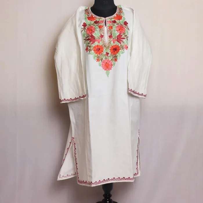 White Cashmilon Pheran With Stunning Aari Embroidery - Wahraat Collection