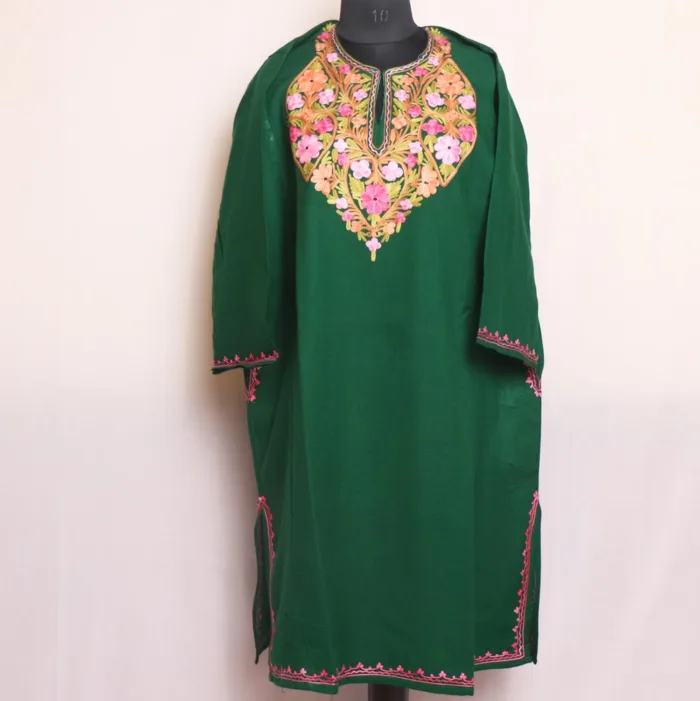 Green Cashmilon Pheran With Beautiful Aari Embroidery - Wahraat Collection - Image 2