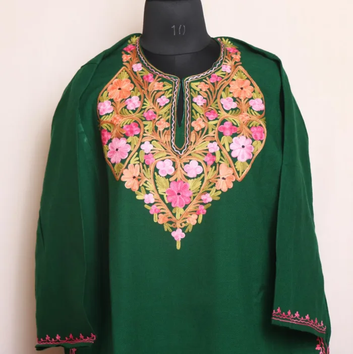 Green Cashmilon Pheran With Beautiful Aari Embroidery - Wahraat Collection