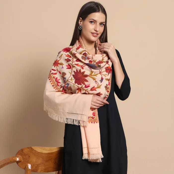 peach color wool stole winter kashmir bird floawer gift 5 jpg