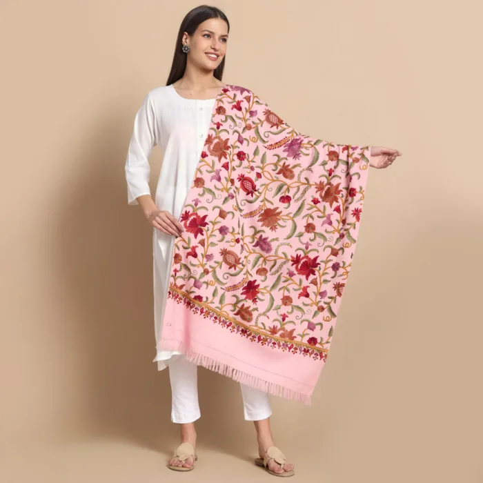 pink wool aari kashmiri stole winter 1 jpg