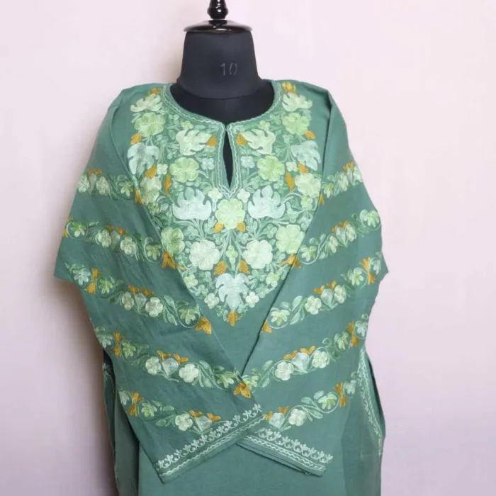 Nargis Teal Colored Kashmiri Raffal Pheran with Aari on Sleeves