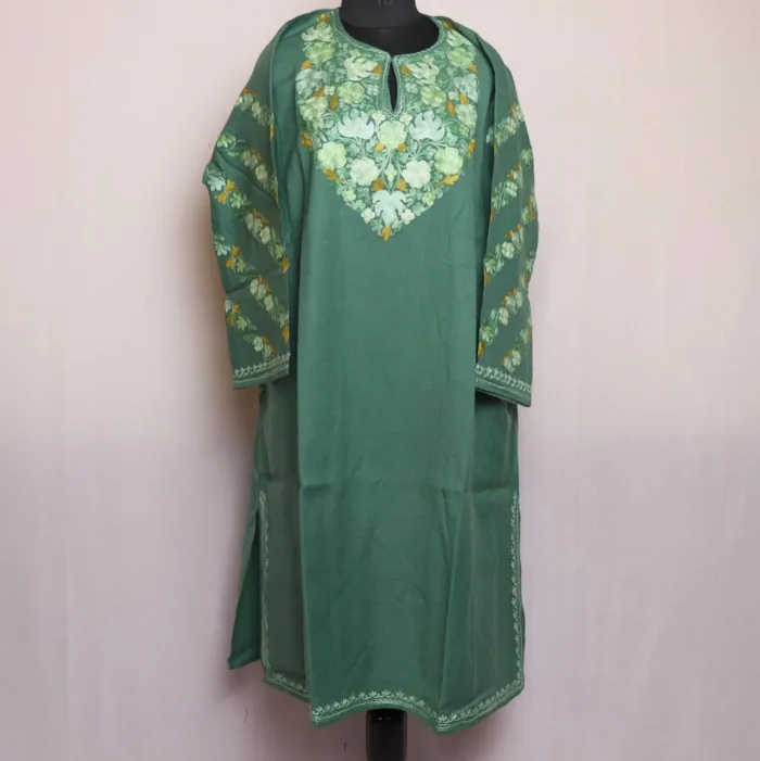 Nargis Teal Colored Kashmiri Raffal Pheran with Aari on Sleeves