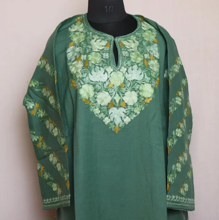 Nargis Teal Colored Kashmiri Raffal Pheran with Aari on Sleeves - Image 2