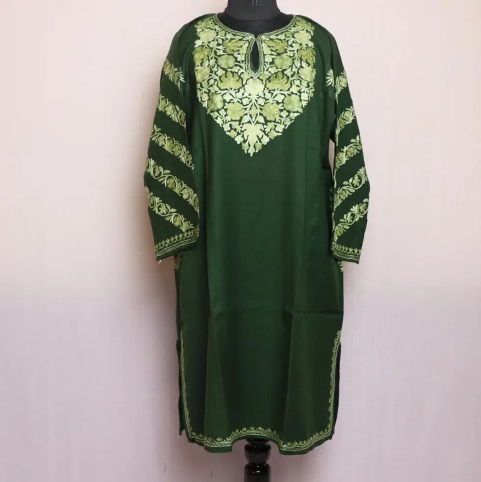 Dark Olive Kashmiri Raffal Pheran - Aari Worked Sleeves