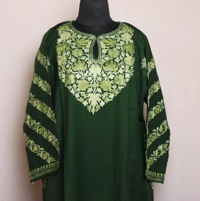 Dark Olive Kashmiri Raffal Pheran - Aari Worked Sleeves - Image 2