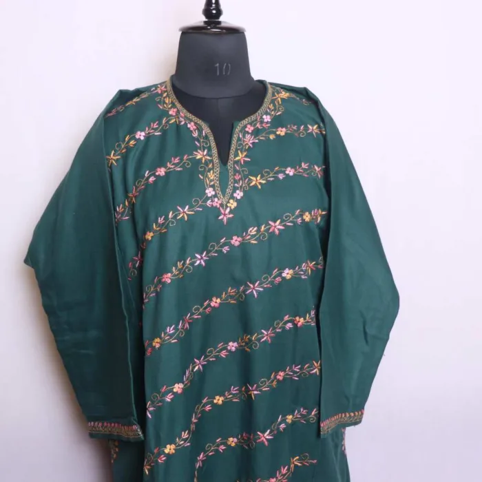 Dark Green Hand Sozni Soft Tweed Pheran