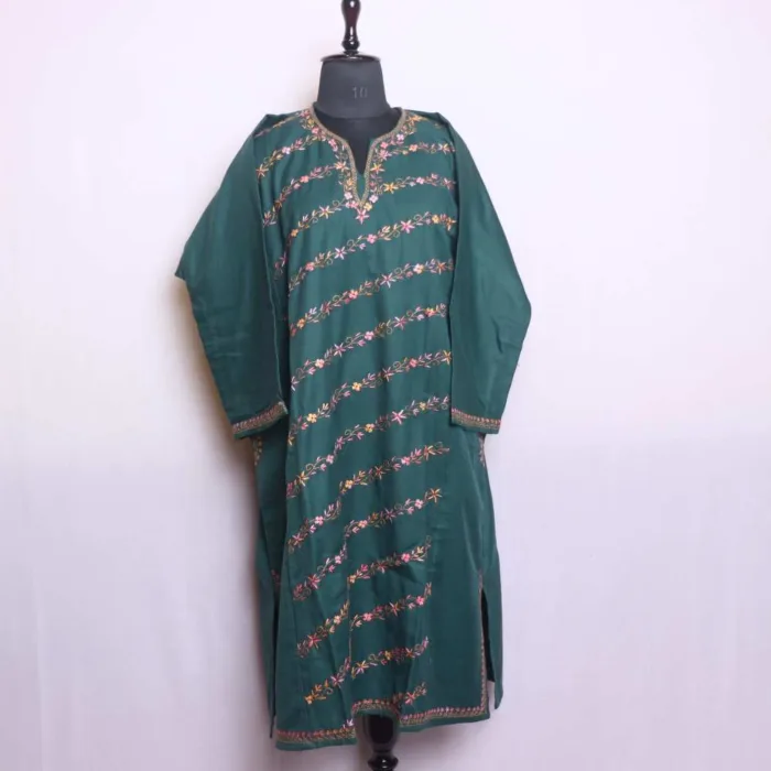 Dark Green Hand Sozni Soft Tweed Pheran - Image 4