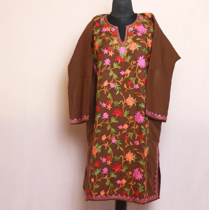 Brown Cashmilon Kashmiri Pheran Ze Rang Jaal Front Panel Designed - Mufeeza Collection