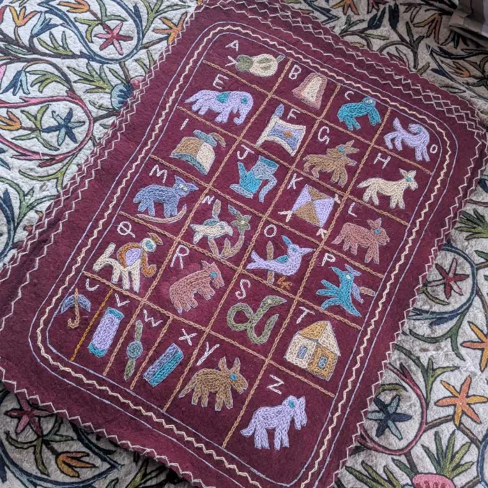 Dark Maroon Alphabet ABCD Kashmiri Hand Embroidered Pure Wool Namda | Nursery Rug | Carpet - Image 3