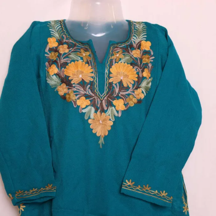 Rama Green Girls Pheran with Elegant Aari Embroidery - Parisa Collection (6-7y) - Image 3