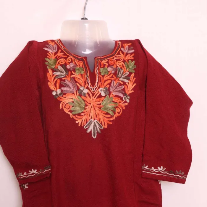 Maroon Cashmilon Girls Pheran with Aari Embroidery - Parisa Collection (3-4y) - Image 2