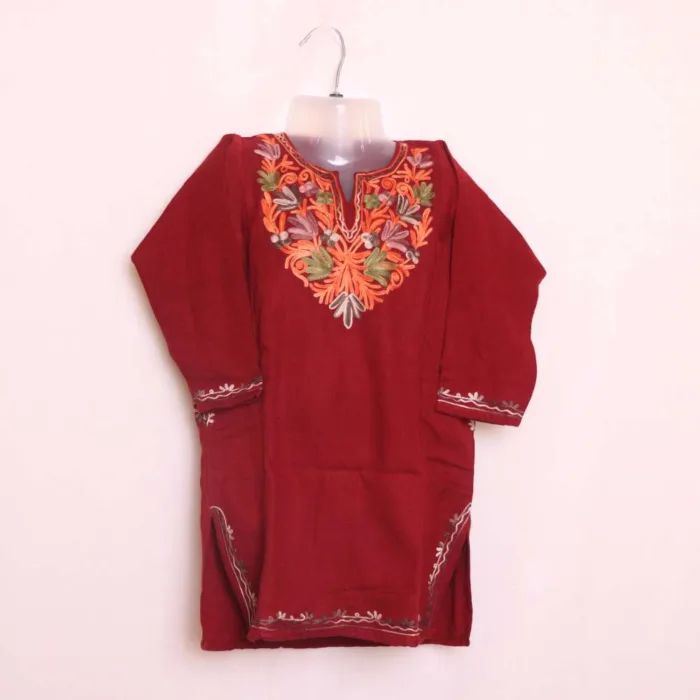 Maroon Cashmilon Girls Pheran with Aari Embroidery - Parisa Collection (3-4y)