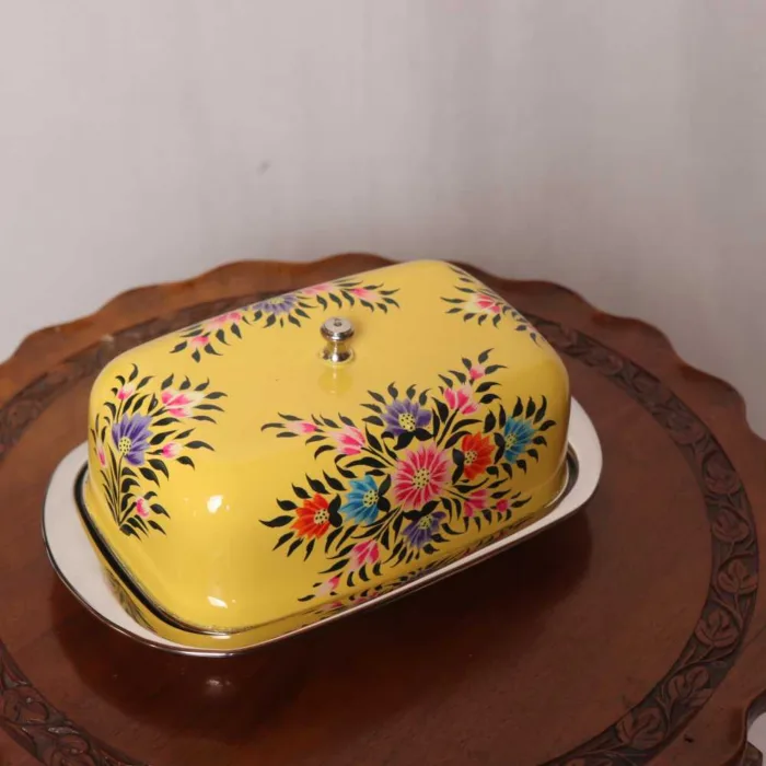 Beautiful Yellow Steel Enamel Butter Dish Handcrafted Kashmiri | Butter Pot