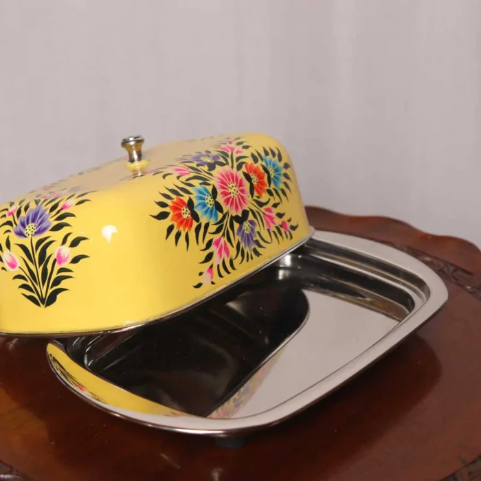 Beautiful Yellow Steel Enamel Butter Dish Handcrafted Kashmiri | Butter Pot - Image 2