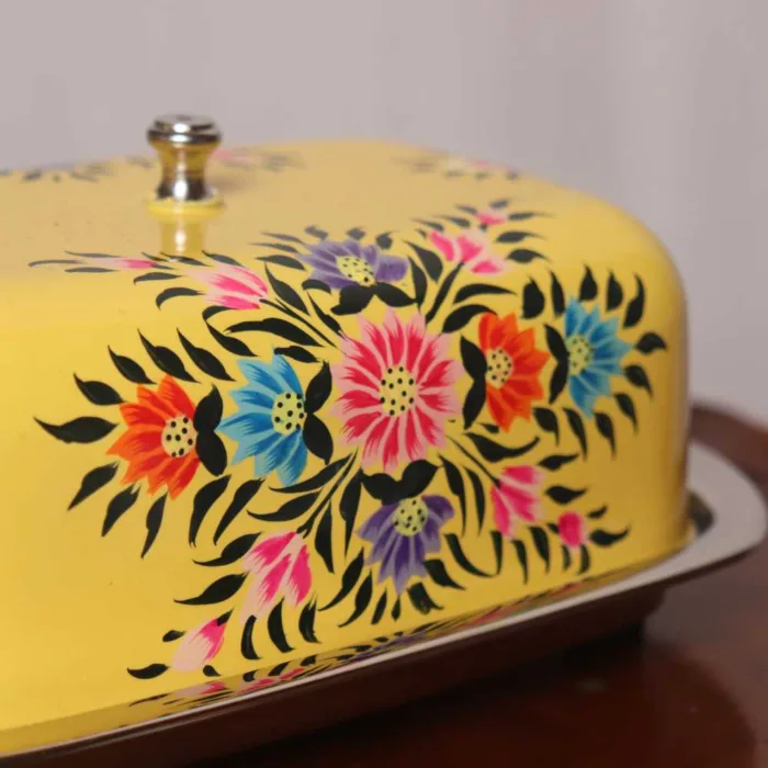 Beautiful Yellow Steel Enamel Butter Dish Handcrafted Kashmiri | Butter Pot - Image 3