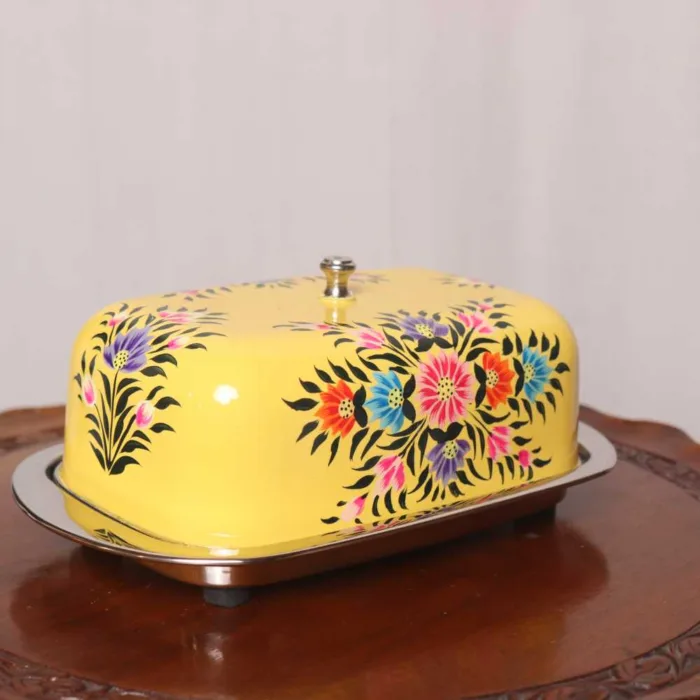 Beautiful Yellow Steel Enamel Butter Dish Handcrafted Kashmiri | Butter Pot - Image 4