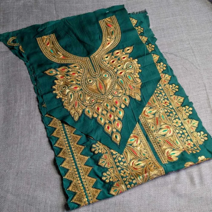 Green and Golden Designer Tilla Patch With Border, Pocket and Sleeves Lace - Koraab Collection