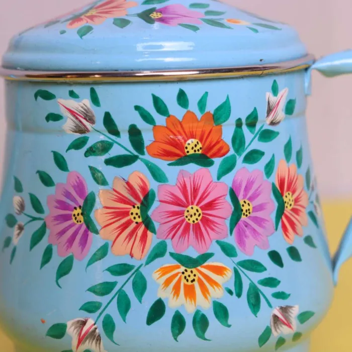 Cyan Hand-Painted Kashmiri Enamel Tea Pot with Floral Design - Image 2