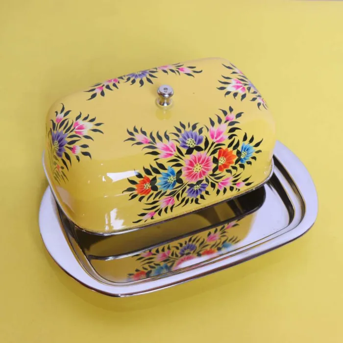 Enamel Butter Dish Yellow Handcrafted Kashmiri - Image 3