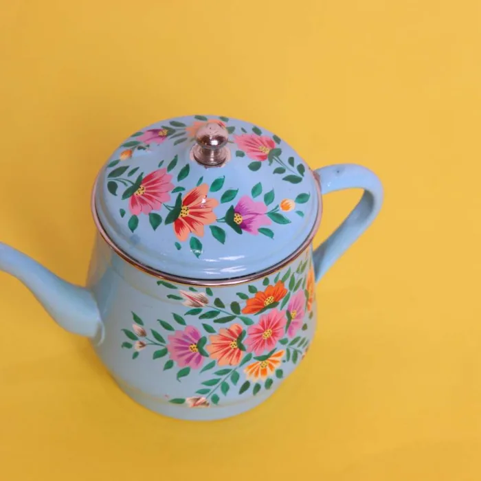 Cyan Hand-Painted Kashmiri Enamel Tea Pot with Floral Design - Image 3