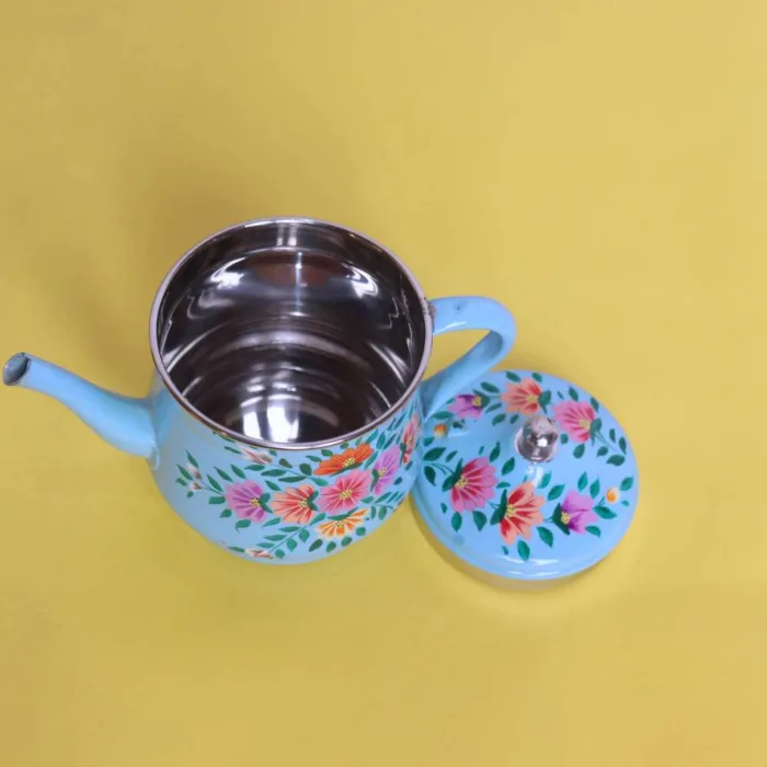 Cyan Hand-Painted Kashmiri Enamel Tea Pot with Floral Design - Image 4