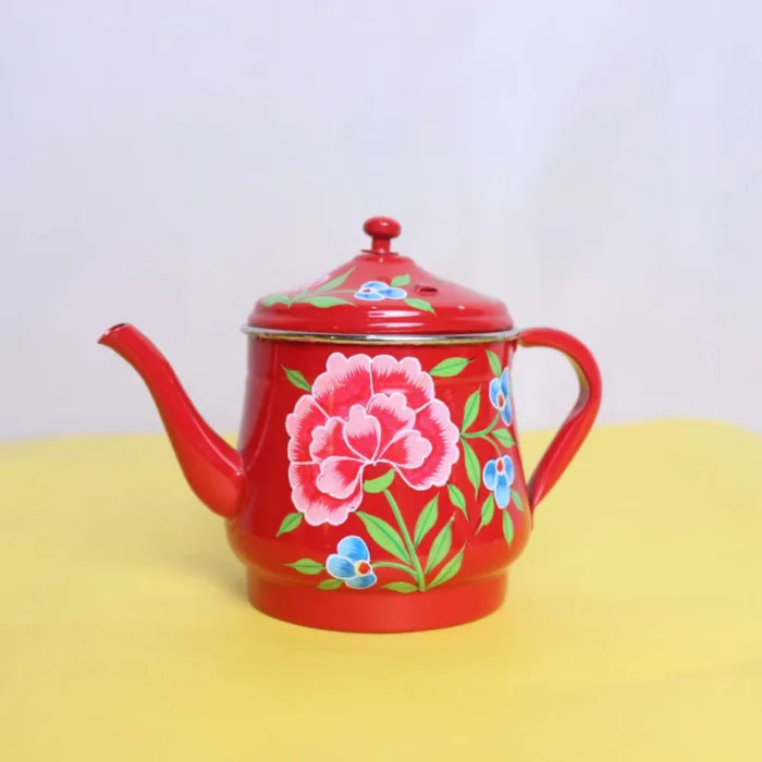 Kashmiri Enamel Red Tea Pot in Bold Multicolor Pattern